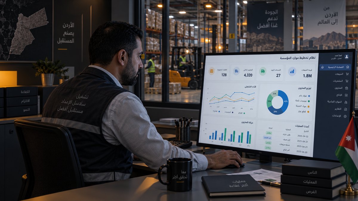 An ERP dashboard in Arabic, warehouse visible beyond